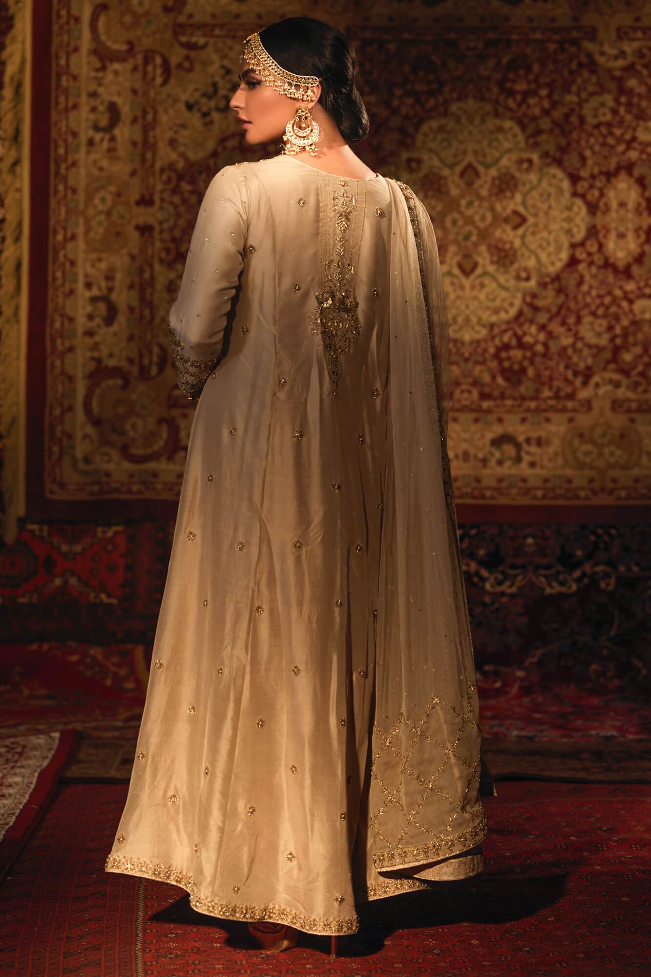 Pakistani Beige Zardozi Resham PK Raw Silk Anarkali Dress (3-Piece) - Image 1