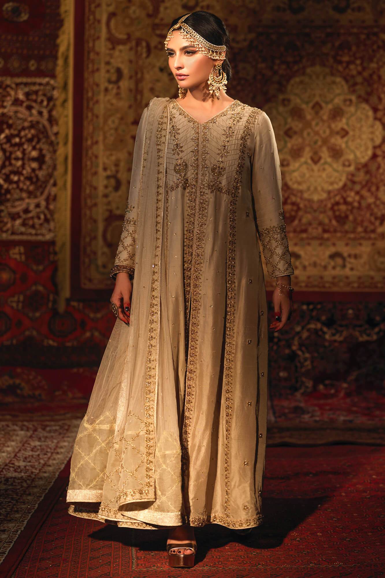 Pakistani Beige Zardozi Resham PK Raw Silk Anarkali Dress (3-Piece) - Image 3