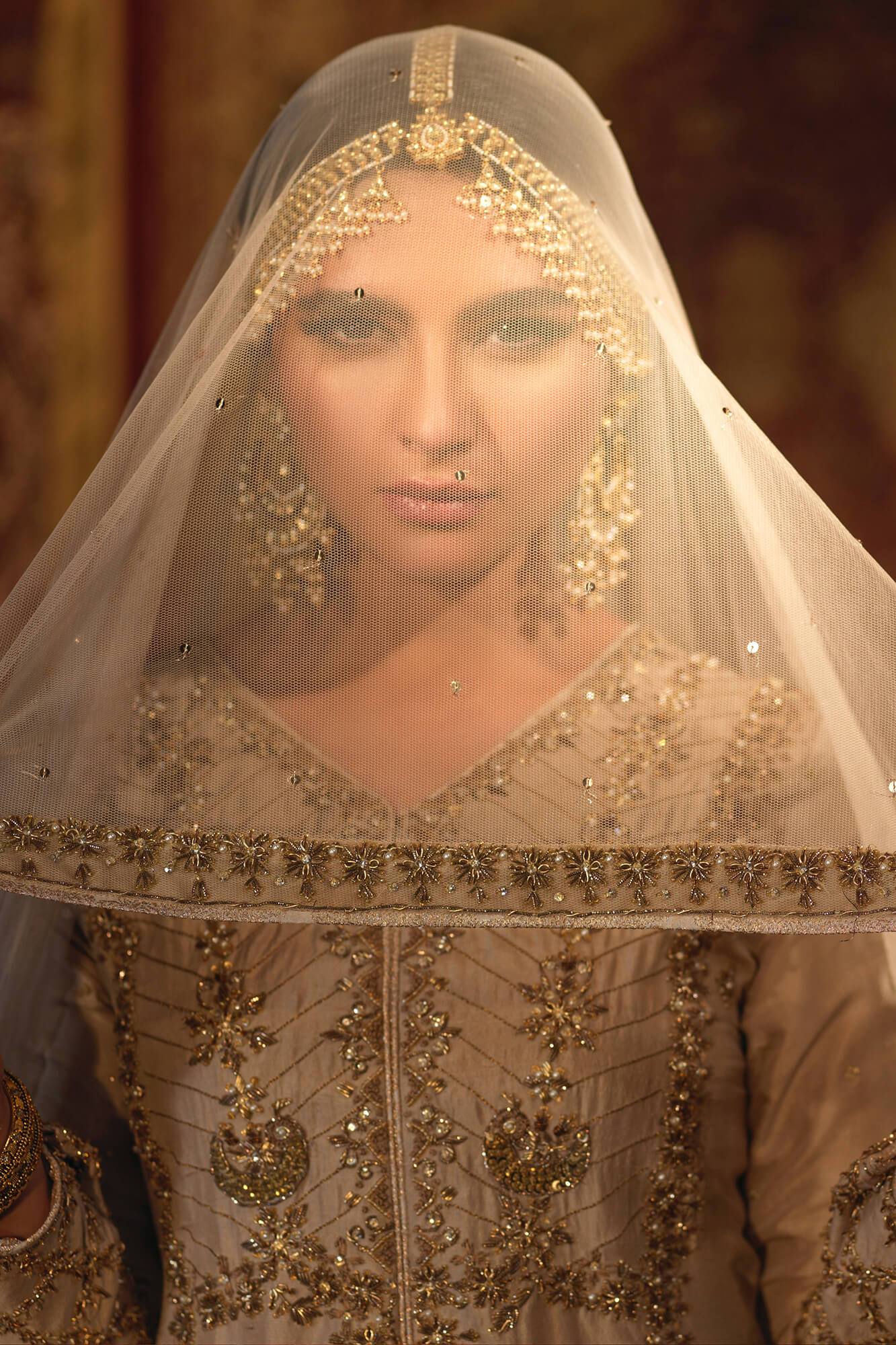 Pakistani Beige Zardozi Resham PK Raw Silk Anarkali Dress (3-Piece) - Image 5