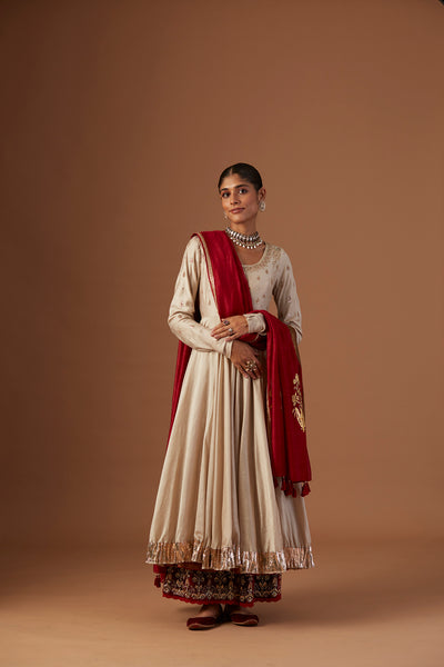 Indian Warm Beige Embroidered Silk Chanderi Anarkali (3-Piece) - Image 1