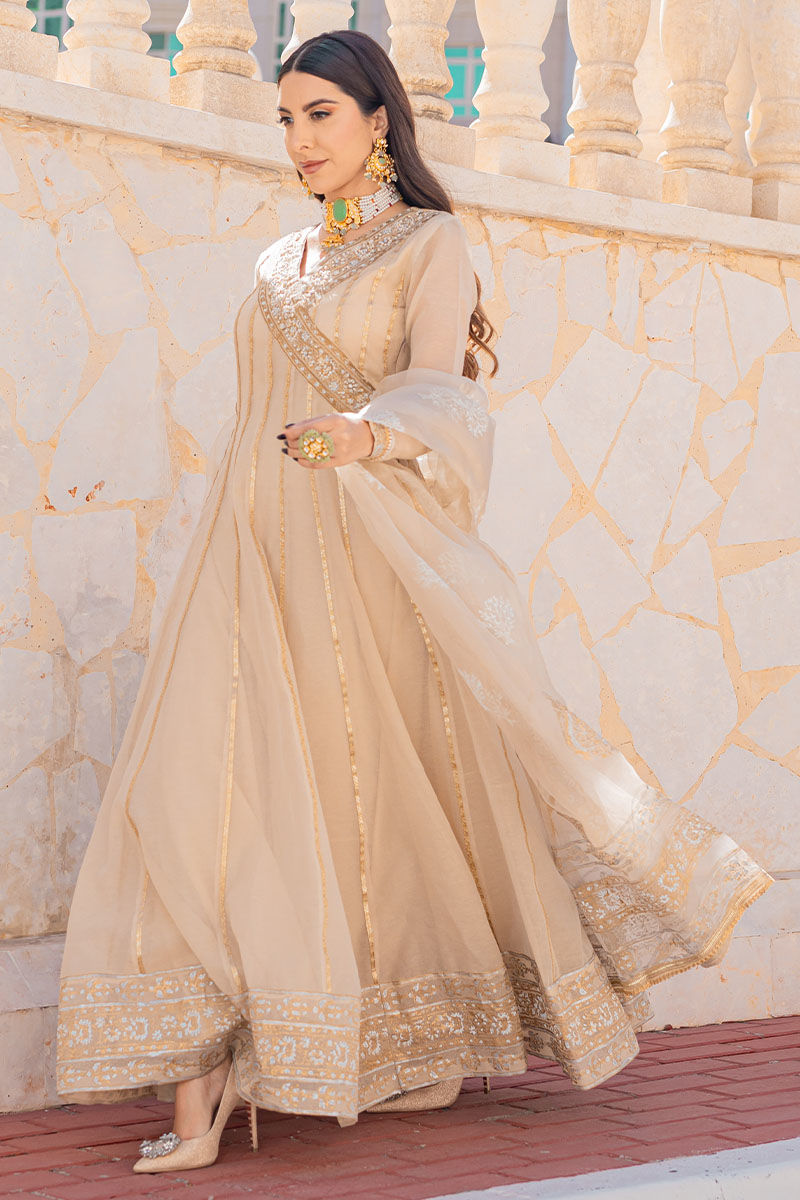 Biscuit Beige Embellished Cotton Organza Angrakha Kalidaar (3-Piece) - Image 1