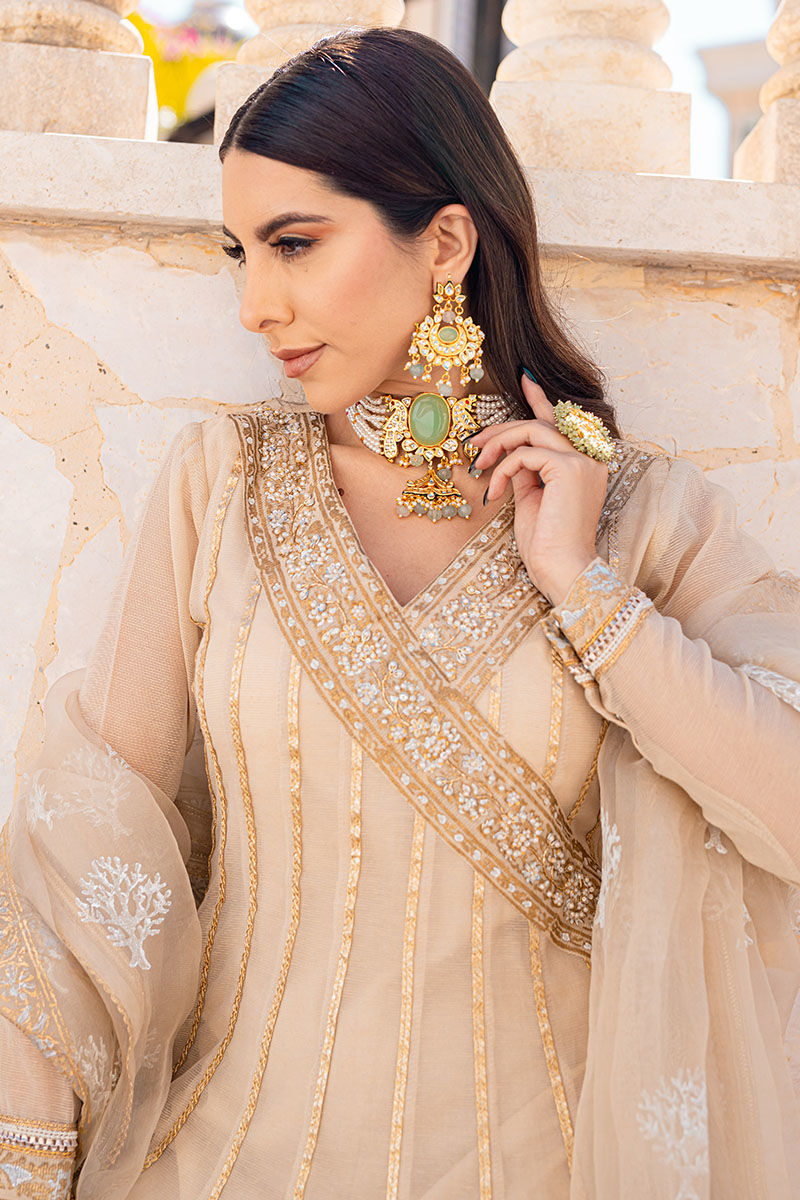 Biscuit Beige Embellished Cotton Organza Angrakha Kalidaar (3-Piece) - Image 2