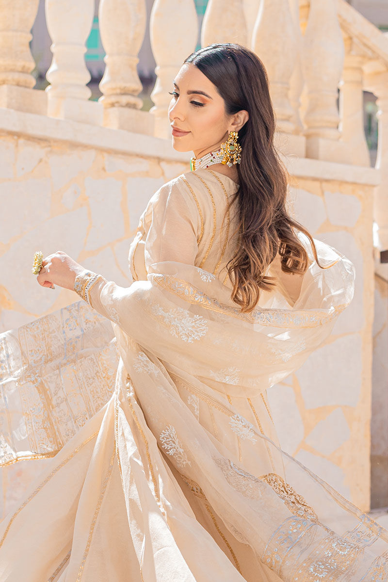 Biscuit Beige Embellished Cotton Organza Angrakha Kalidaar (3-Piece) - Image 3