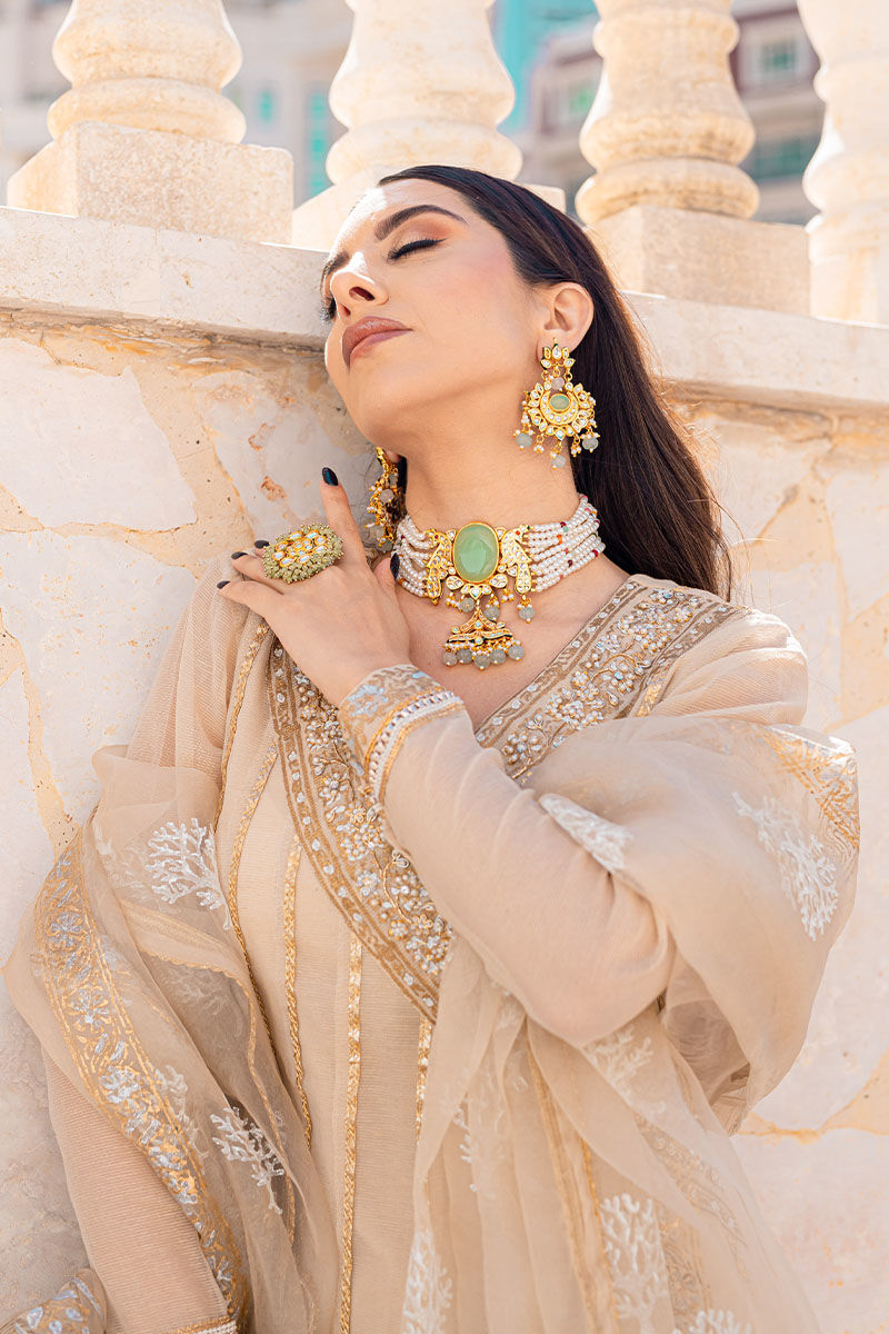 Biscuit Beige Embellished Cotton Organza Angrakha Kalidaar (3-Piece) - Image 4