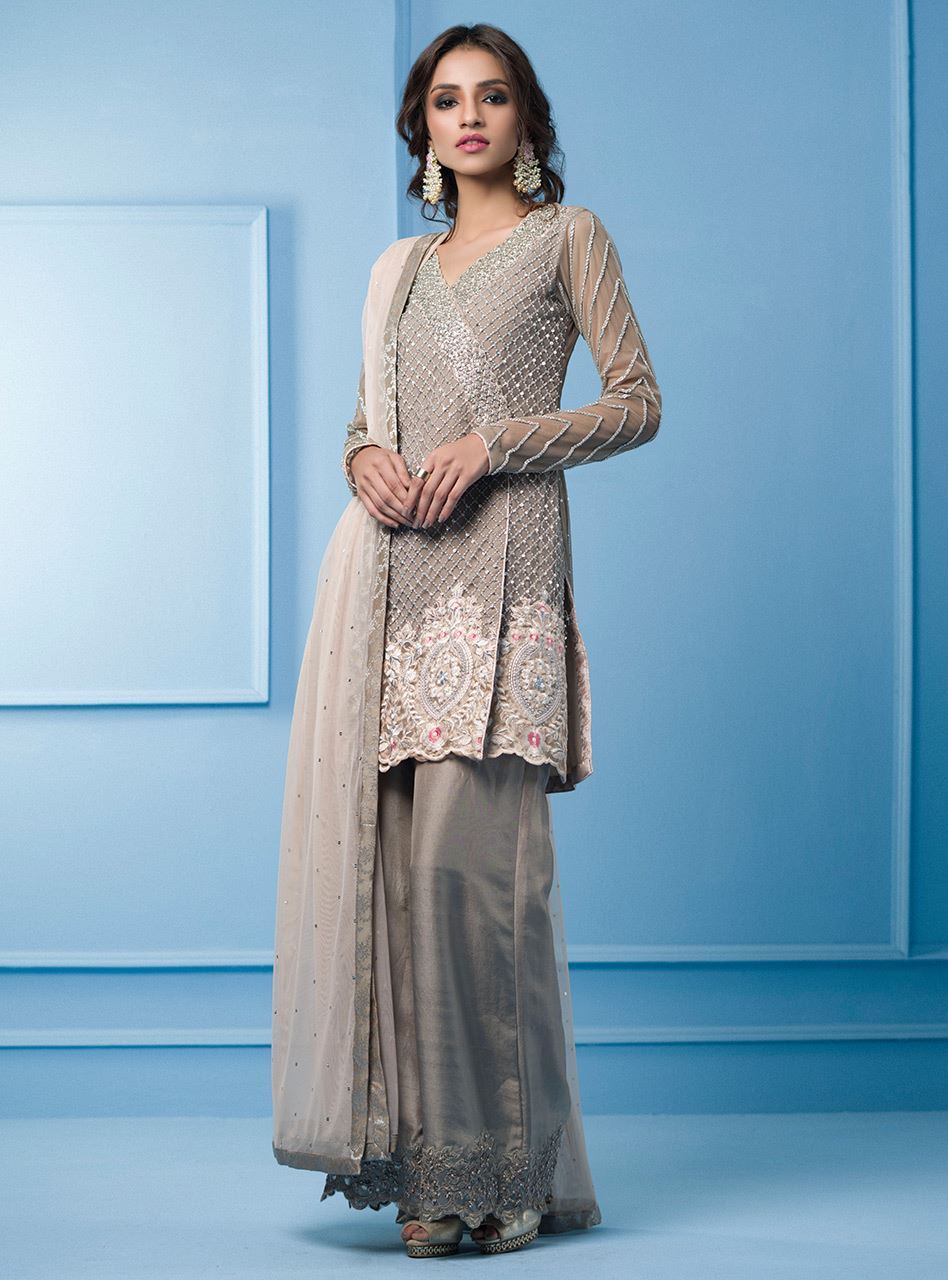 Pakistani Greige Embroidered Net Angarkha Dress (3-Piece) - Image 4