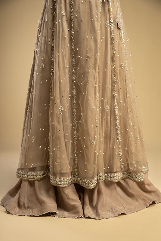 Beige Embellished Net Kalidaar Angrakha (3-Piece) - Image 1