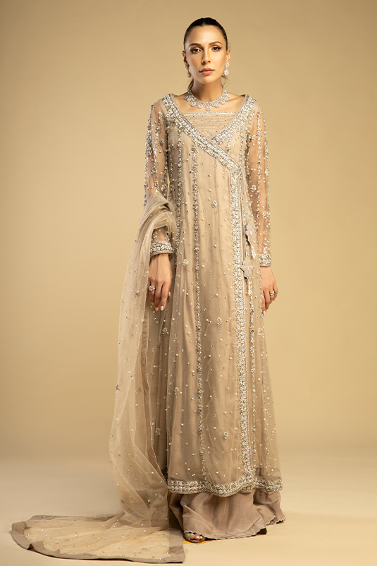 Beige Embellished Net Kalidaar Angrakha (3-Piece) - Image 2