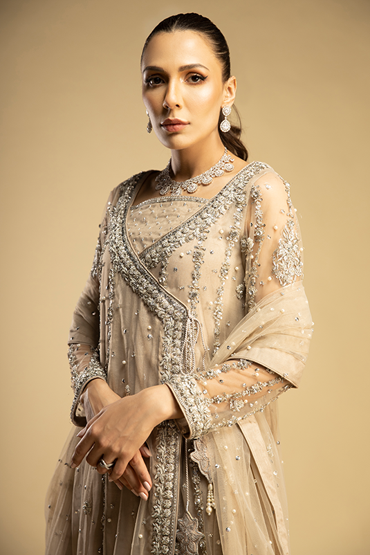 Beige Embellished Net Kalidaar Angrakha (3-Piece) - Image 4