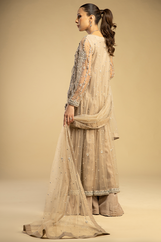 Beige Embellished Net Kalidaar Angrakha (3-Piece) - Image 5