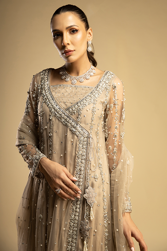 Pakistani Beige Embellished Net Kalidaar Angrakha (3-Piece) - Image 3