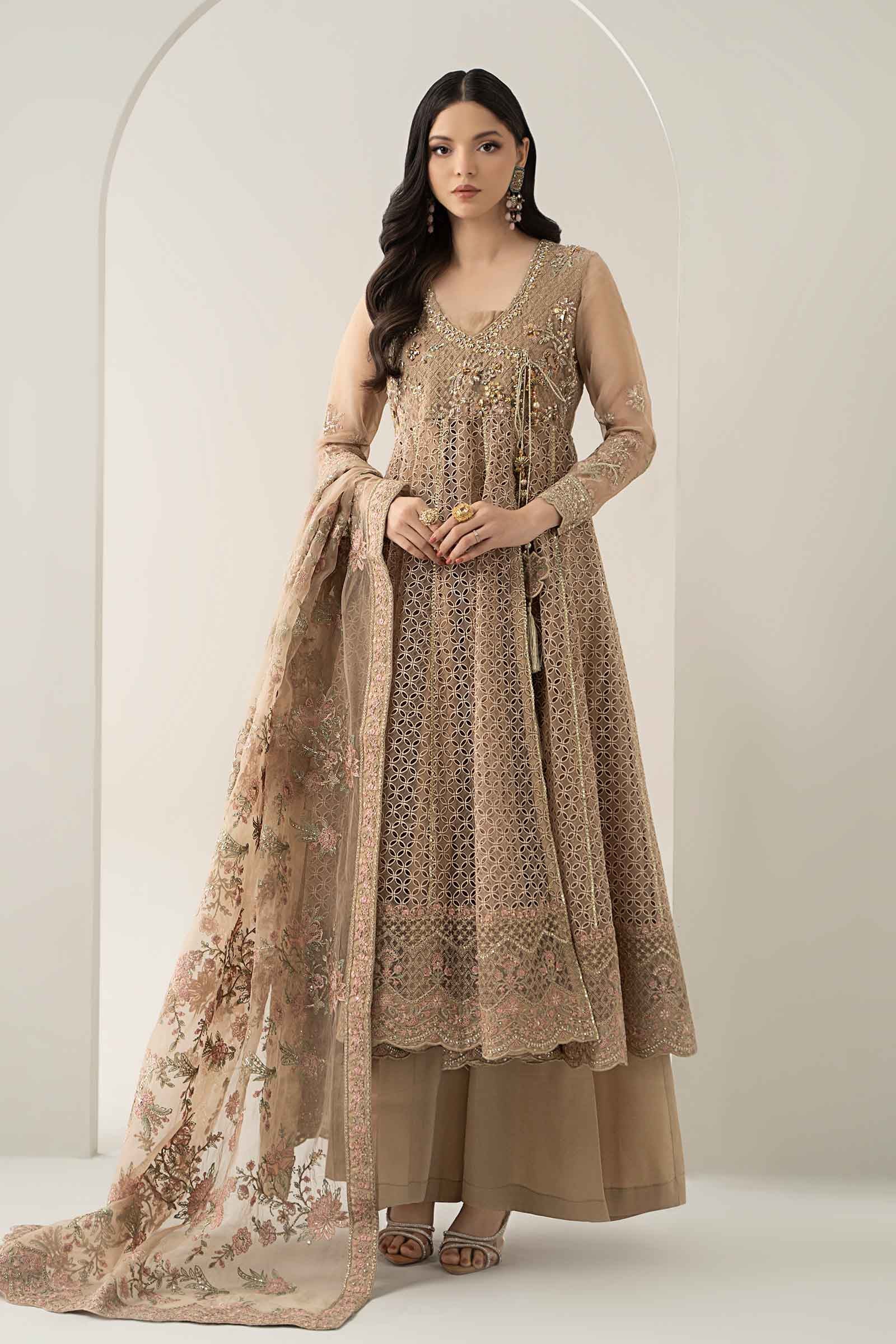 Beige Embroidered Organza Angrakha Dress (3-Piece) - Image 2