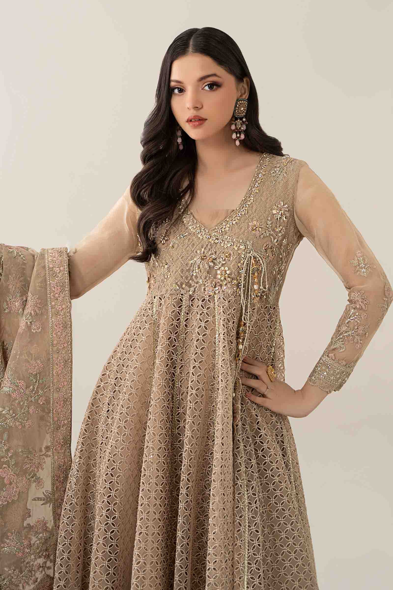 Beige Embroidered Organza Angrakha Dress (3-Piece) - Image 3