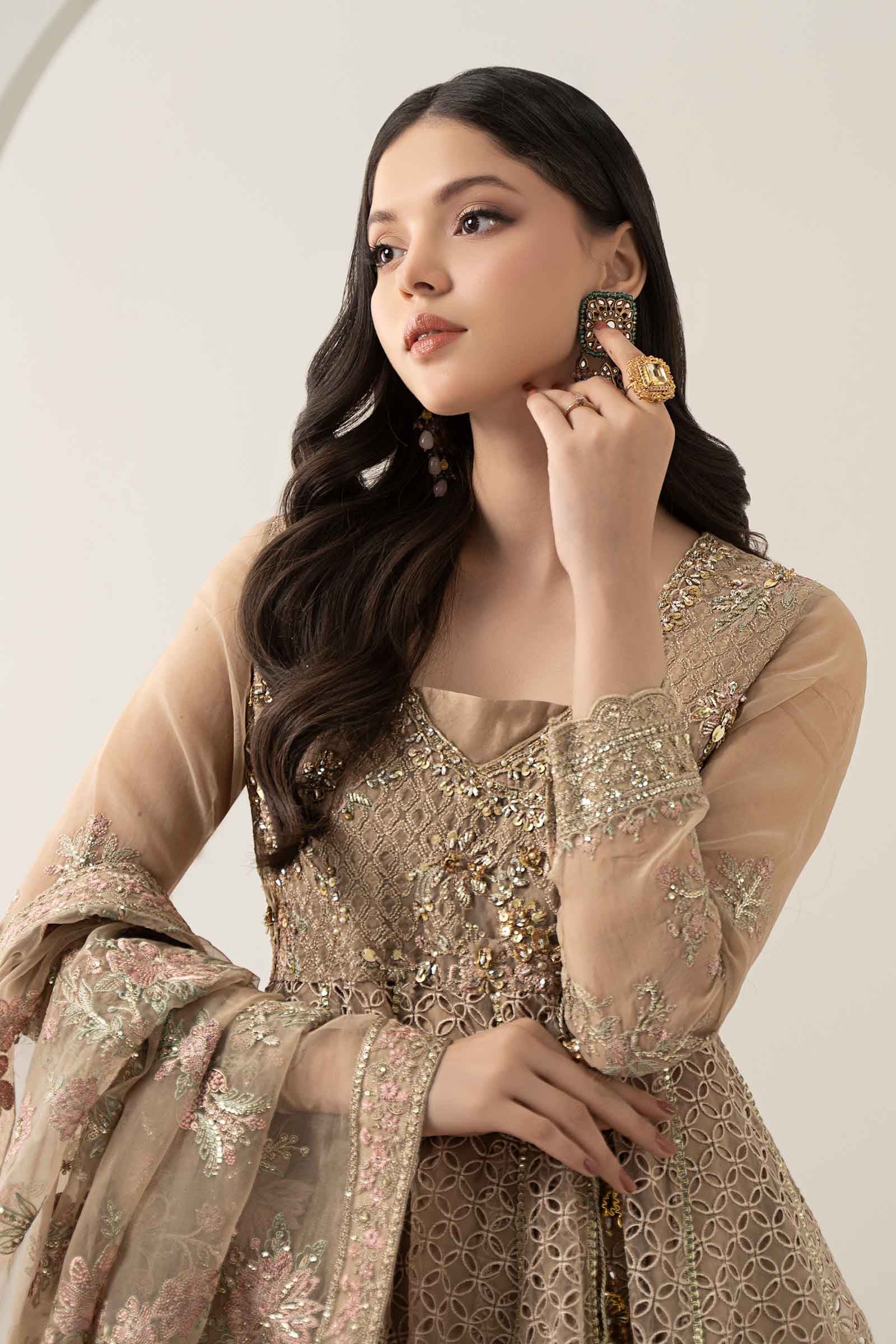 Beige Embroidered Organza Angrakha Dress (3-Piece) - Image 4