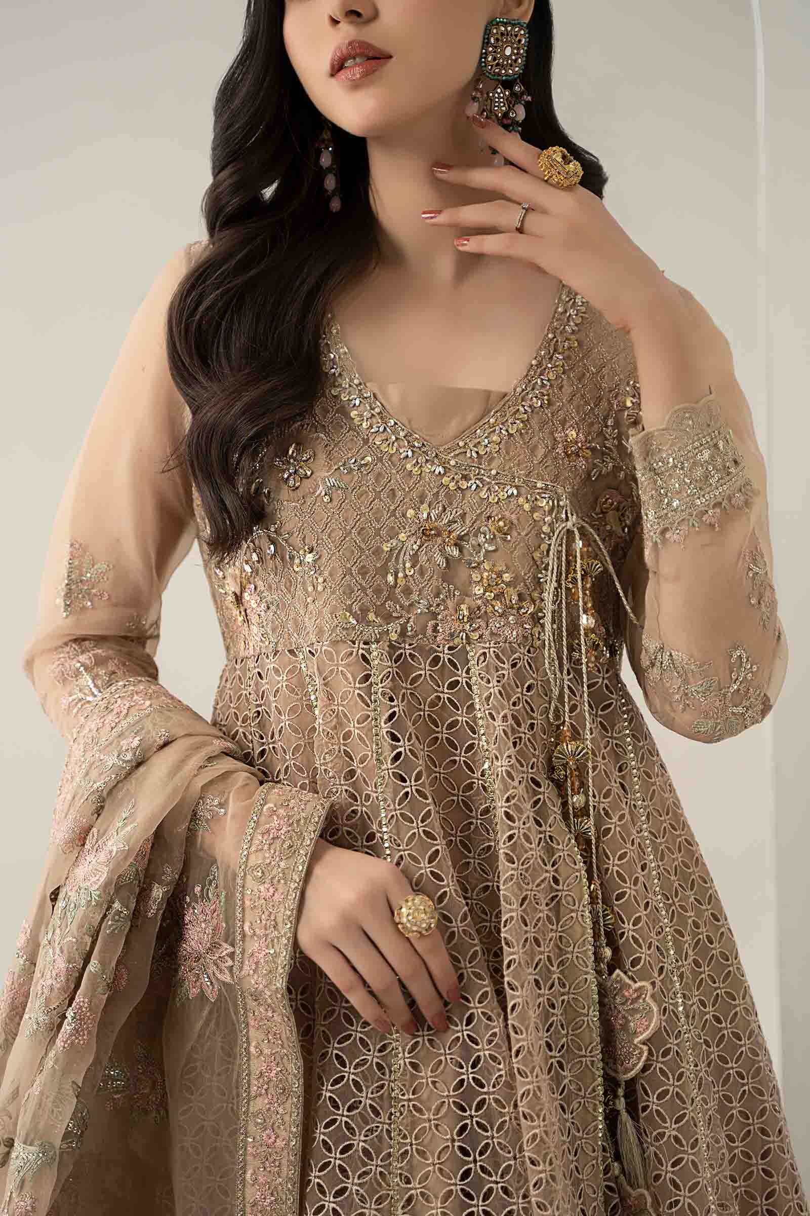 Beige Embroidered Organza Angrakha Dress (3-Piece) - Image 5