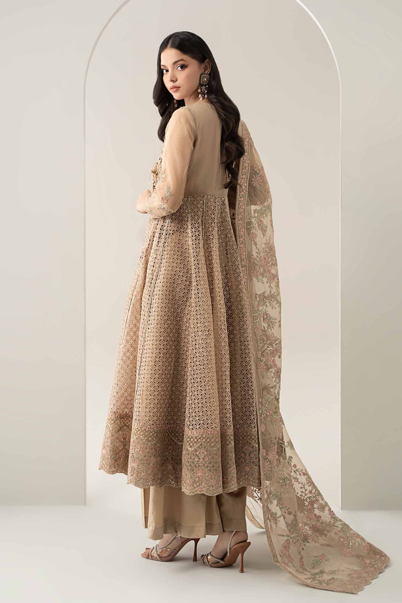 Beige Embroidered Organza Angrakha Dress (3-Piece) - Image 9