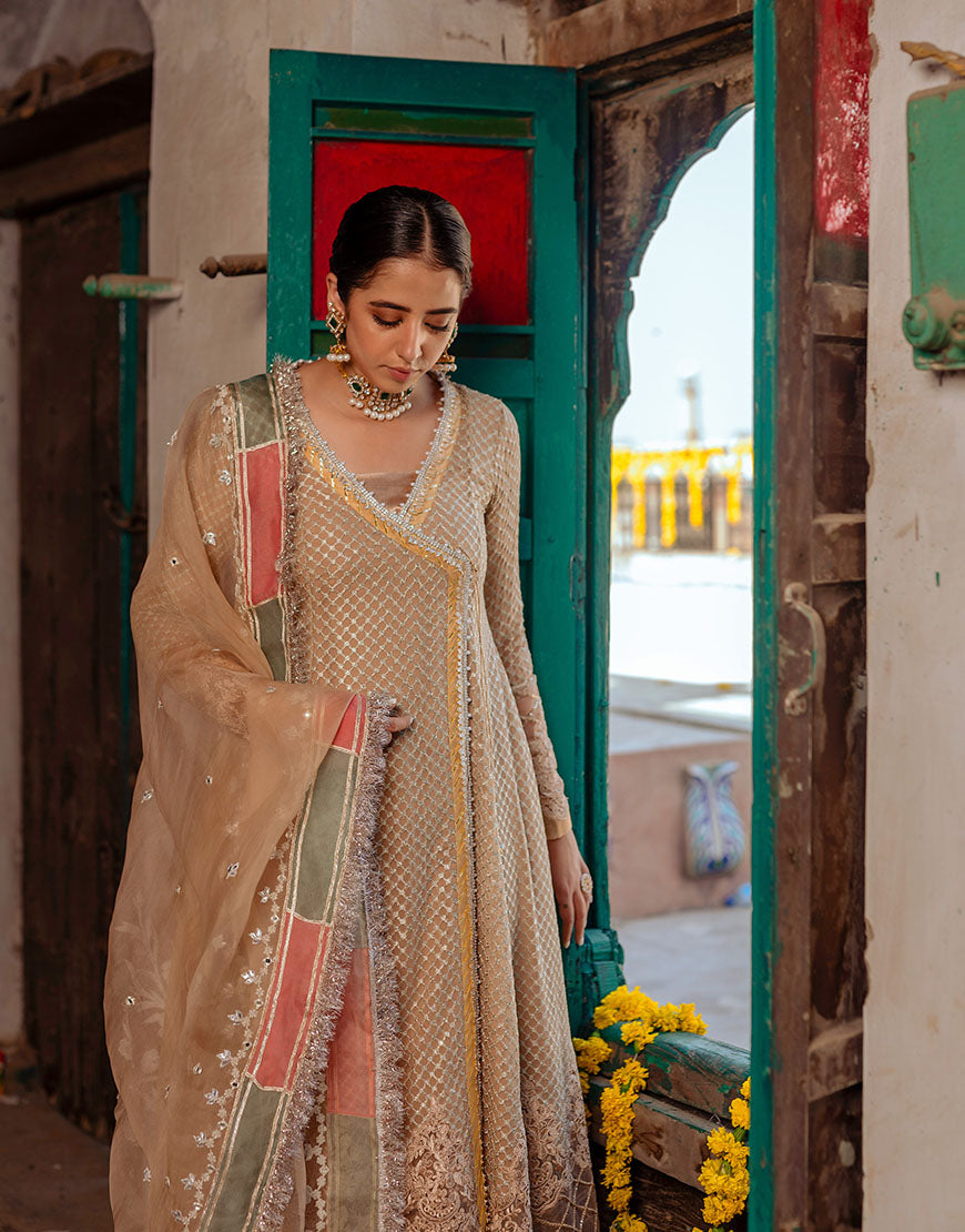 Beige Sequin Chiffon Angrakha Dress (3-Piece) - Image 3