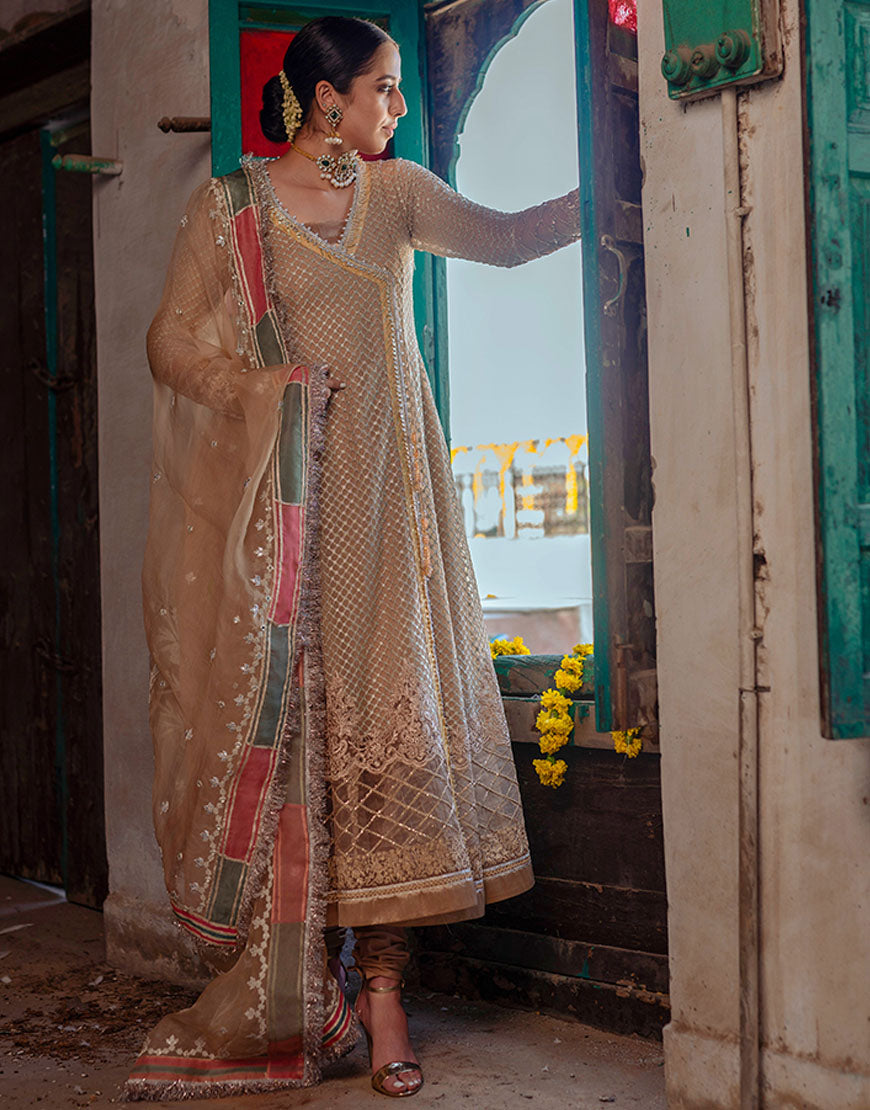 Beige Sequin Chiffon Angrakha Dress (3-Piece) - Image 1