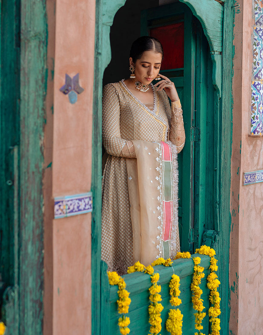 Beige Sequin Chiffon Angrakha Dress (3-Piece) - Image 2