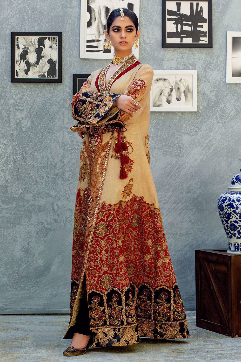 Beige Gota Embellished Silk Angrakha (1-Pc) - Image 2