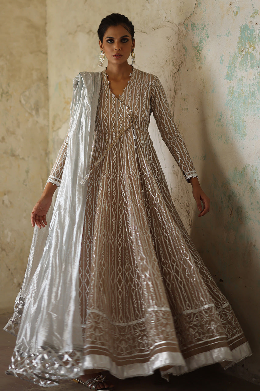 Pakistani Beige Gota-Worked Soft Net & Silk Angharkha (3-Piece) - Image 1