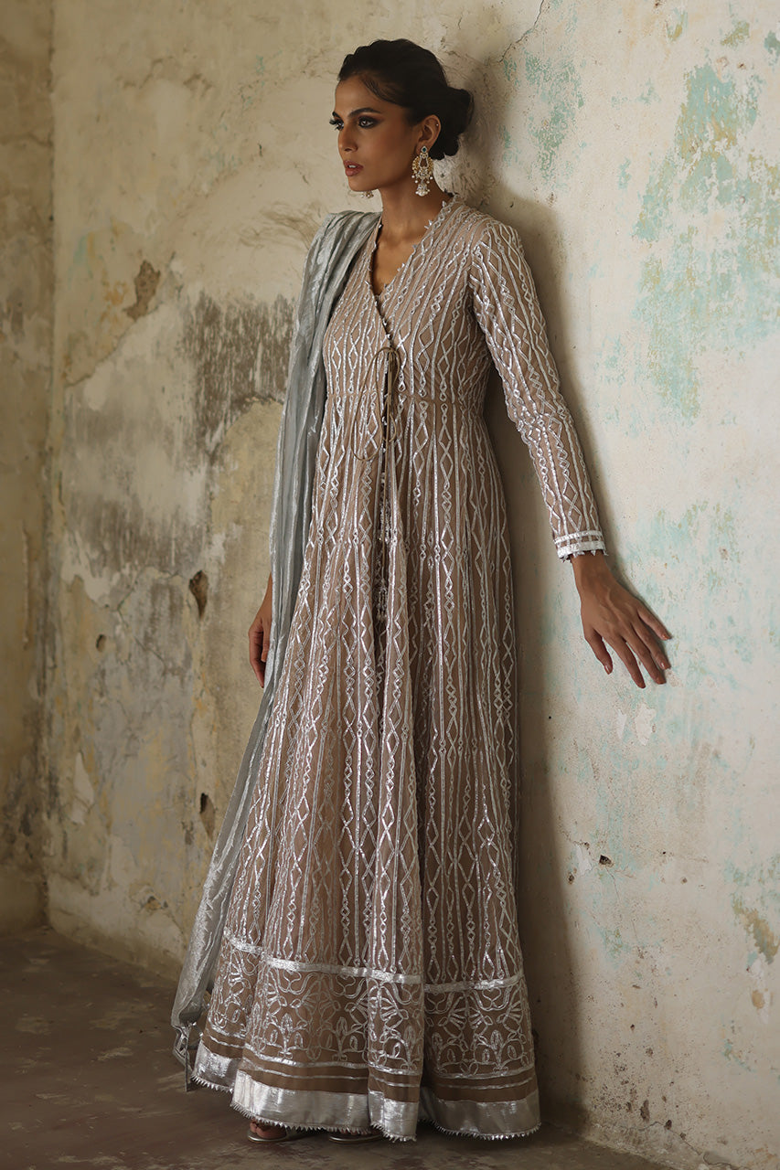 Pakistani Beige Gota-Worked Soft Net & Silk Angharkha (3-Piece) - Image 3