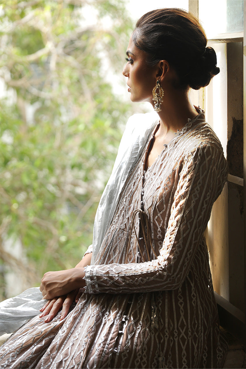 Pakistani Beige Gota-Worked Soft Net & Silk Angharkha (3-Piece) - Image 4