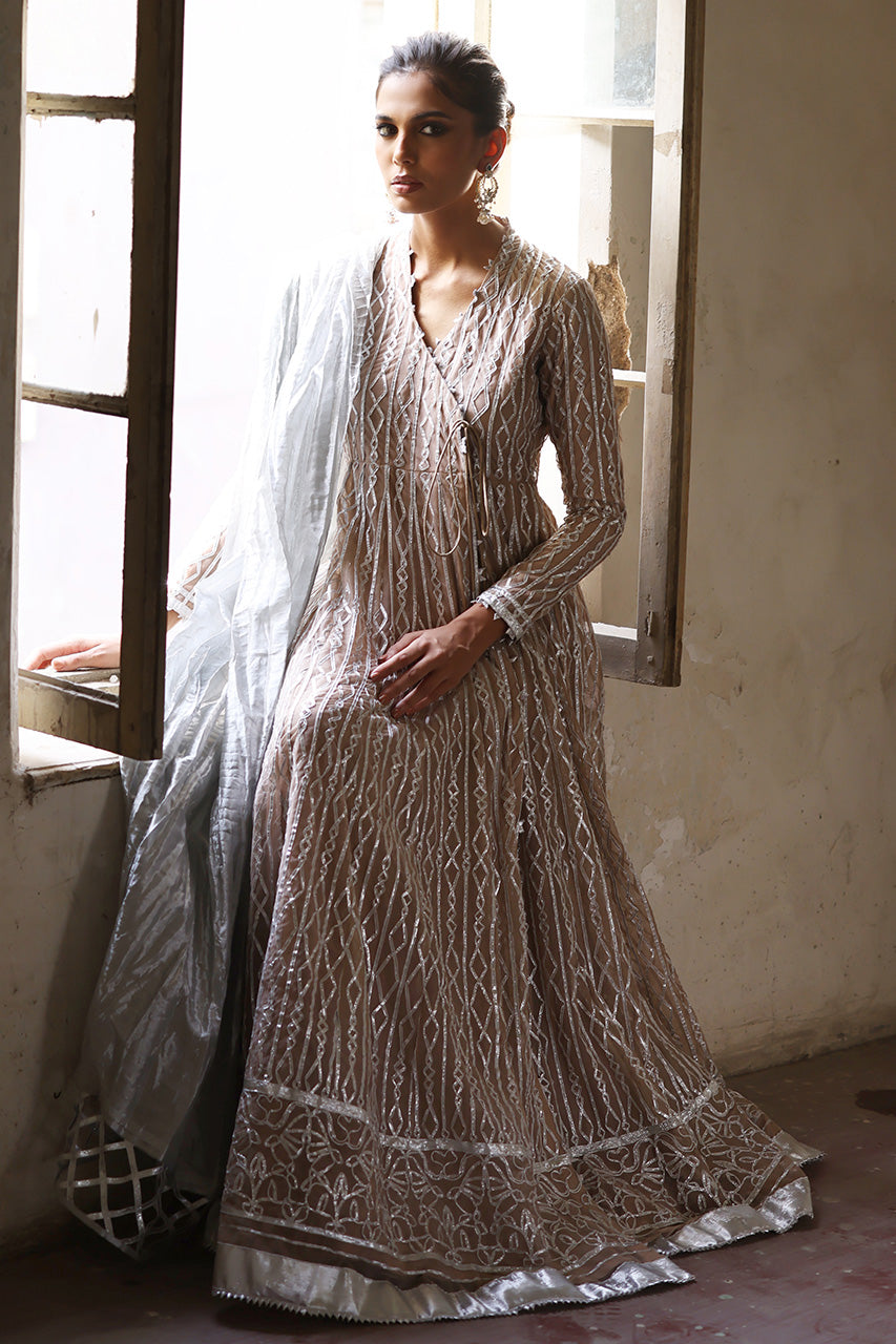 Pakistani Beige Gota-Worked Soft Net & Silk Angharkha (3-Piece) - Image 5