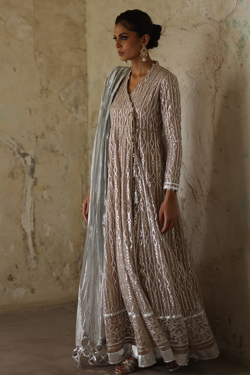 Pakistani Beige Gota-Worked Soft Net & Silk Angharkha (3-Piece) - Image 6