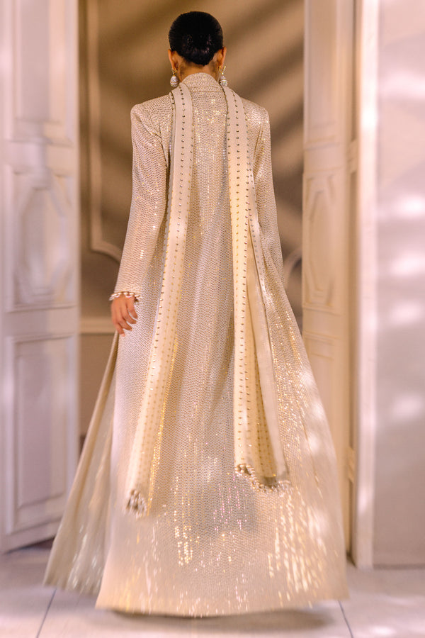 Beige Sequin Pearl Chiffon Silk Cape Gown (4-Piece) - Image 3
