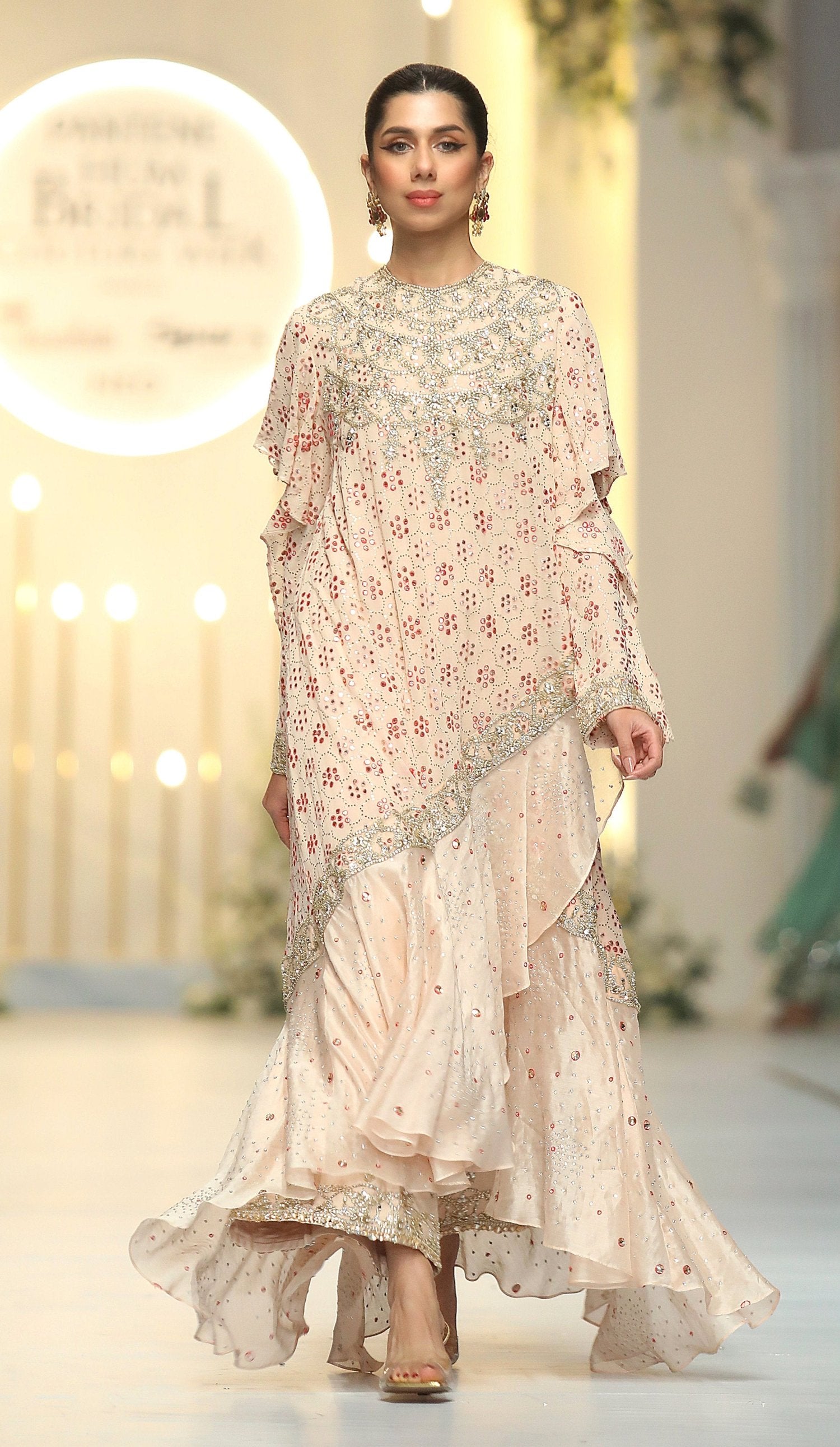 Champagne Beige Kamdani Zardozi Silk Organza Cape Dress (2-Piece) - Image 1