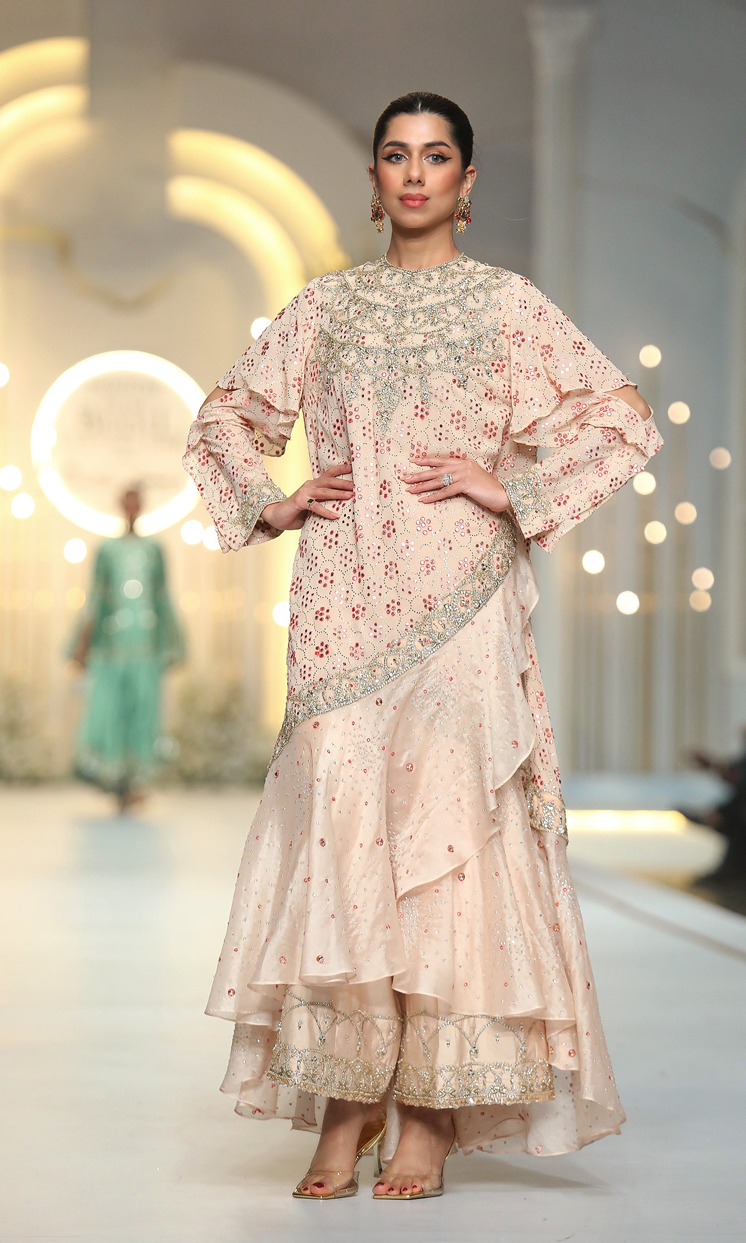 Champagne Beige Kamdani Zardozi Silk Organza Cape Dress (2-Piece) - Image 2