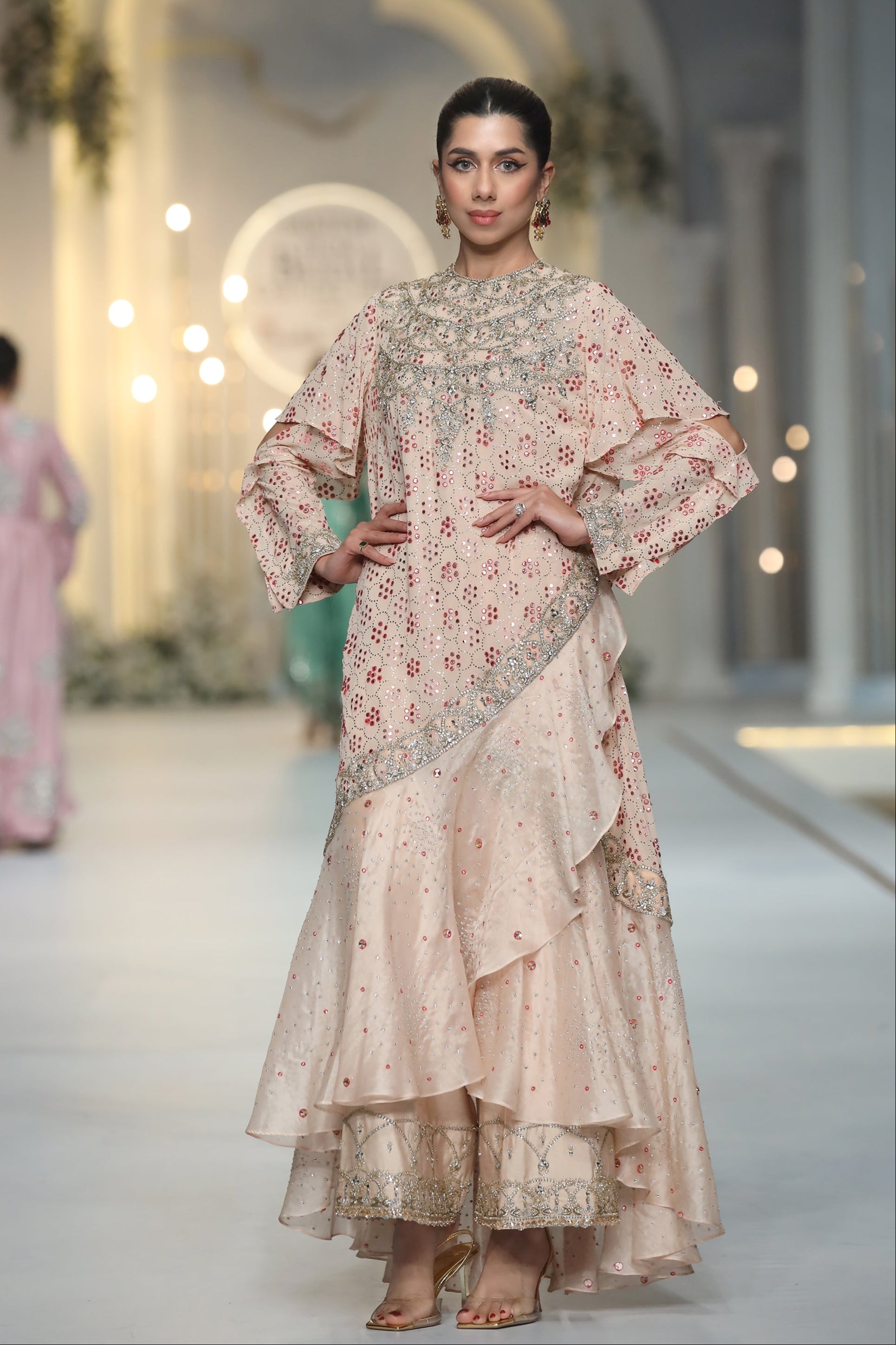 Champagne Beige Kamdani Zardozi Silk Organza Cape Dress (2-Piece) - Image 3