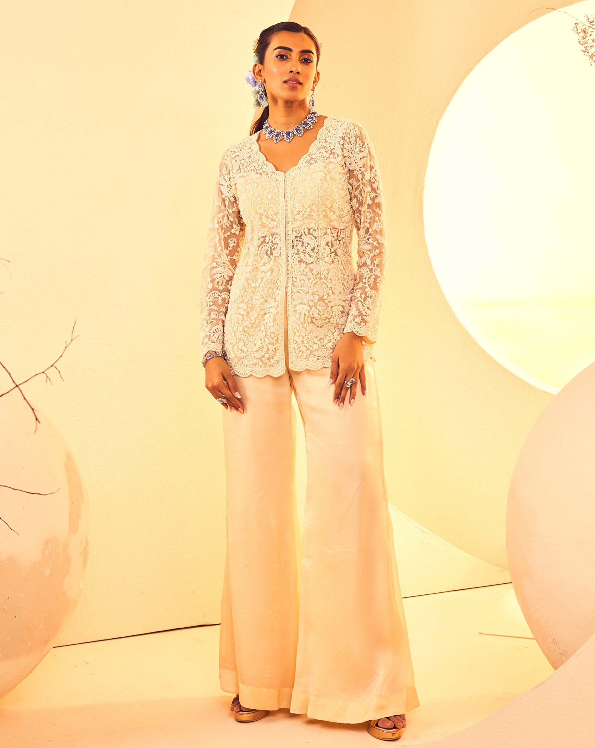 Beige Pearlwork Tulle Jacket with Satin Organza Pants (3-Piece) - Image 2