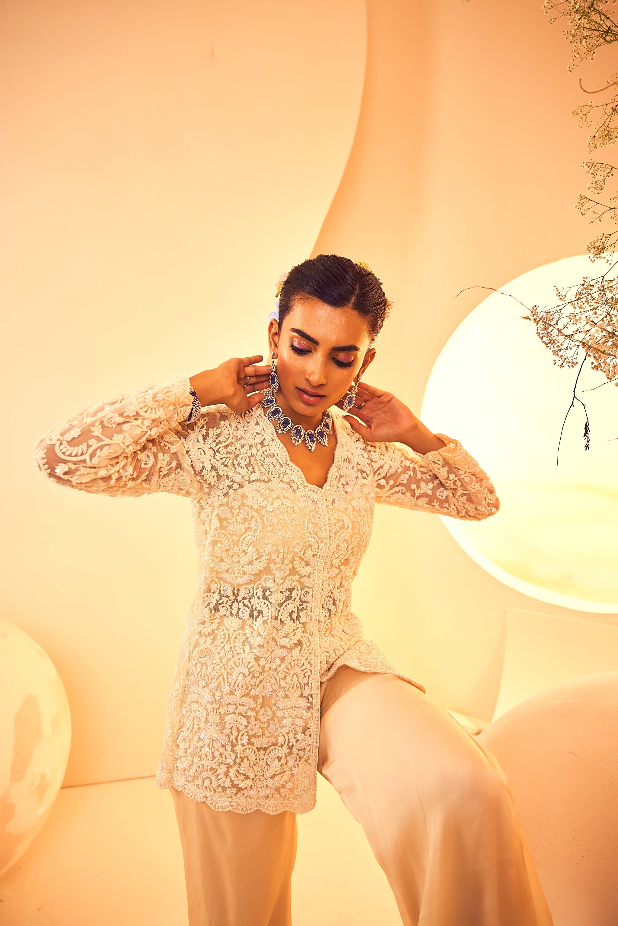 Beige Pearlwork Tulle Jacket with Satin Organza Pants (3-Piece) - Image 4