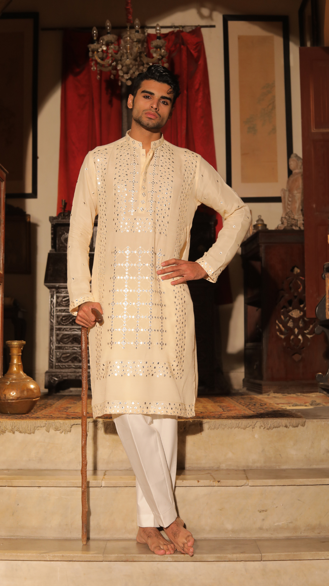 Beige Mirror Work Chanderi Muslin Kurta (2-Piece) - Image 1