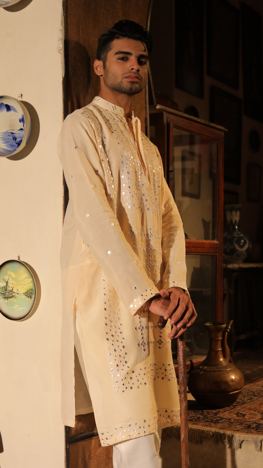 Beige Mirror Work Chanderi Muslin Kurta (2-Piece) - Image 2