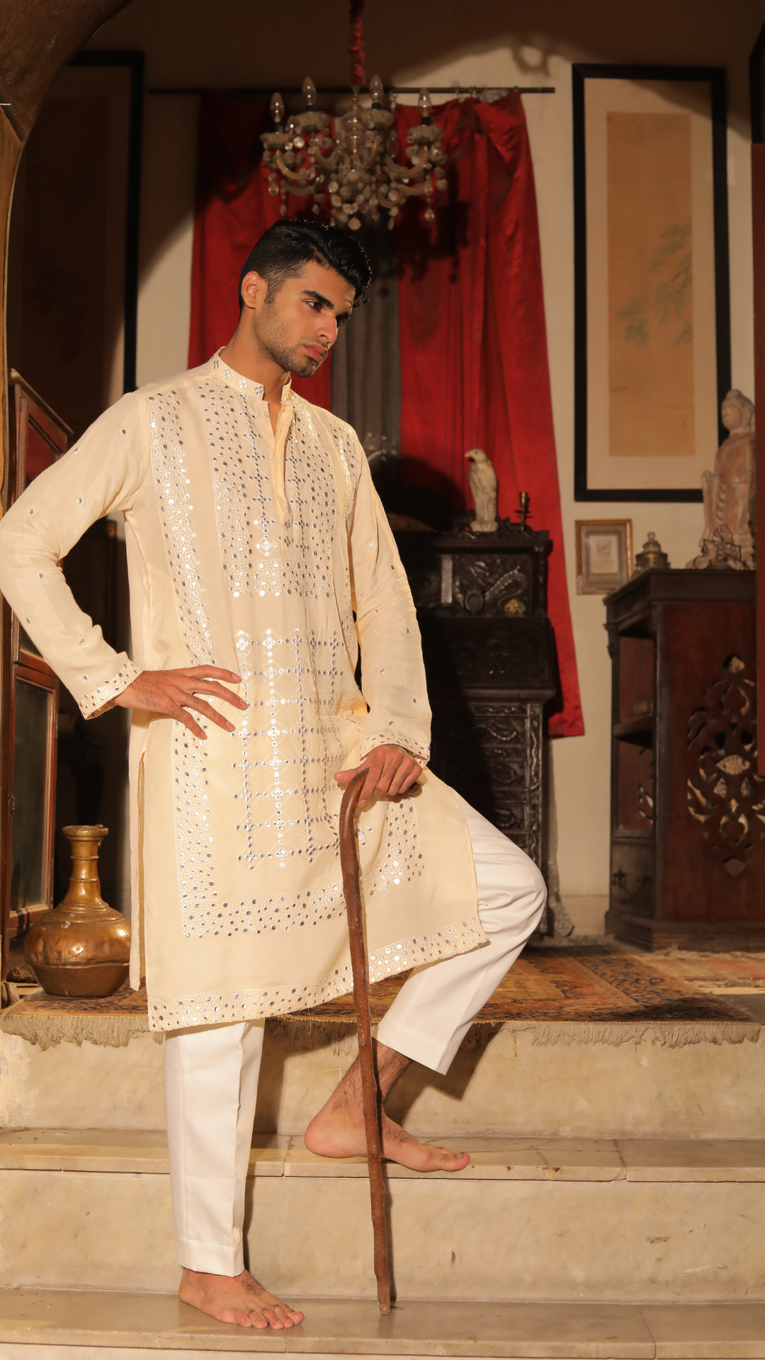 Beige Mirror Work Chanderi Muslin Kurta (2-Piece) - Image 4