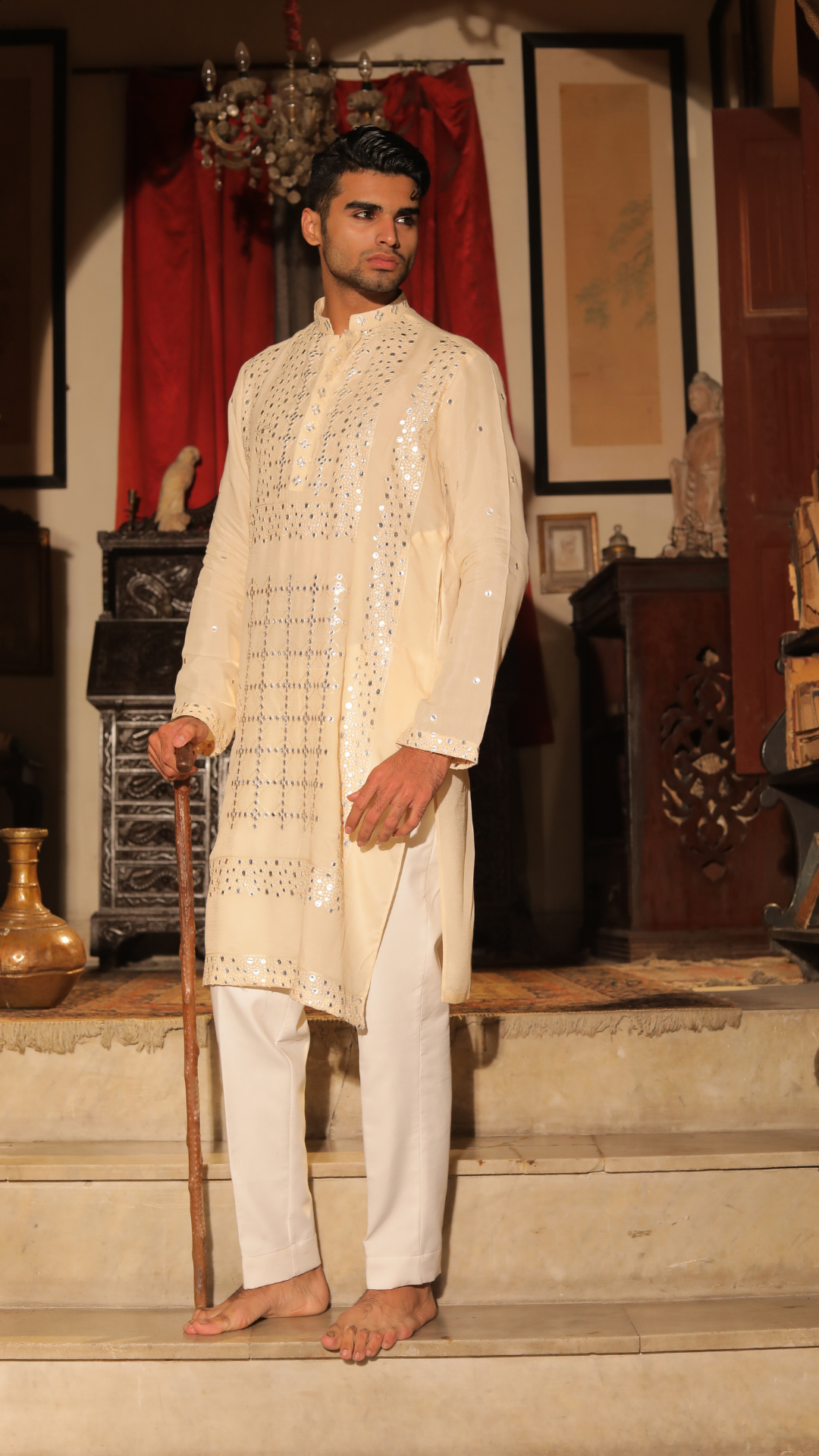Beige Mirror Work Chanderi Muslin Kurta (2-Piece) - Image 3