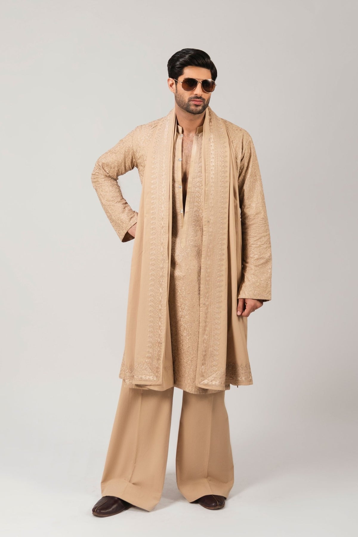 Beige Embroidered Cotton Kurta Set (3-Piece) - Image 1