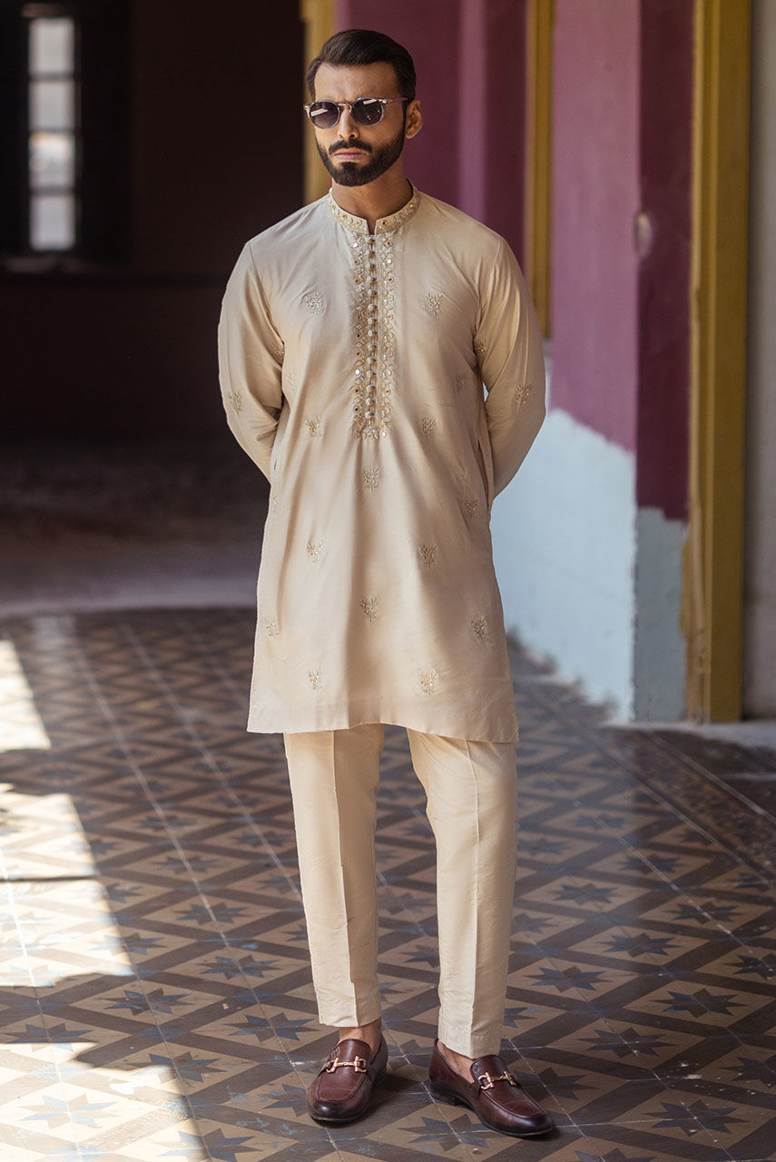 Beige Embroidered Cotton Silk Kurta Pajama (2-Piece) - Image 1