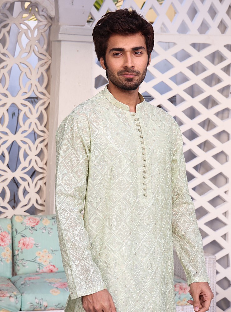 Beige Embroidered Cotton-Silk Kurta (1-Pc) - Image 1