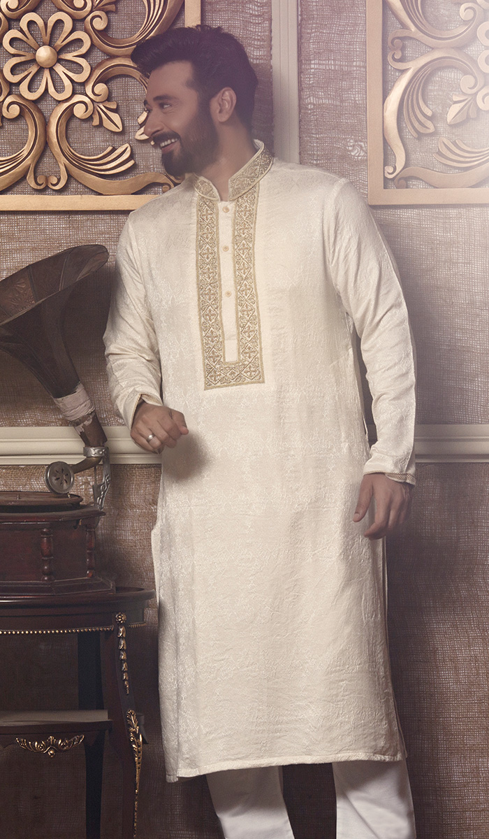 Beige Dardozi Embroidered Karandi Kurta (2-Piece) - Image 1