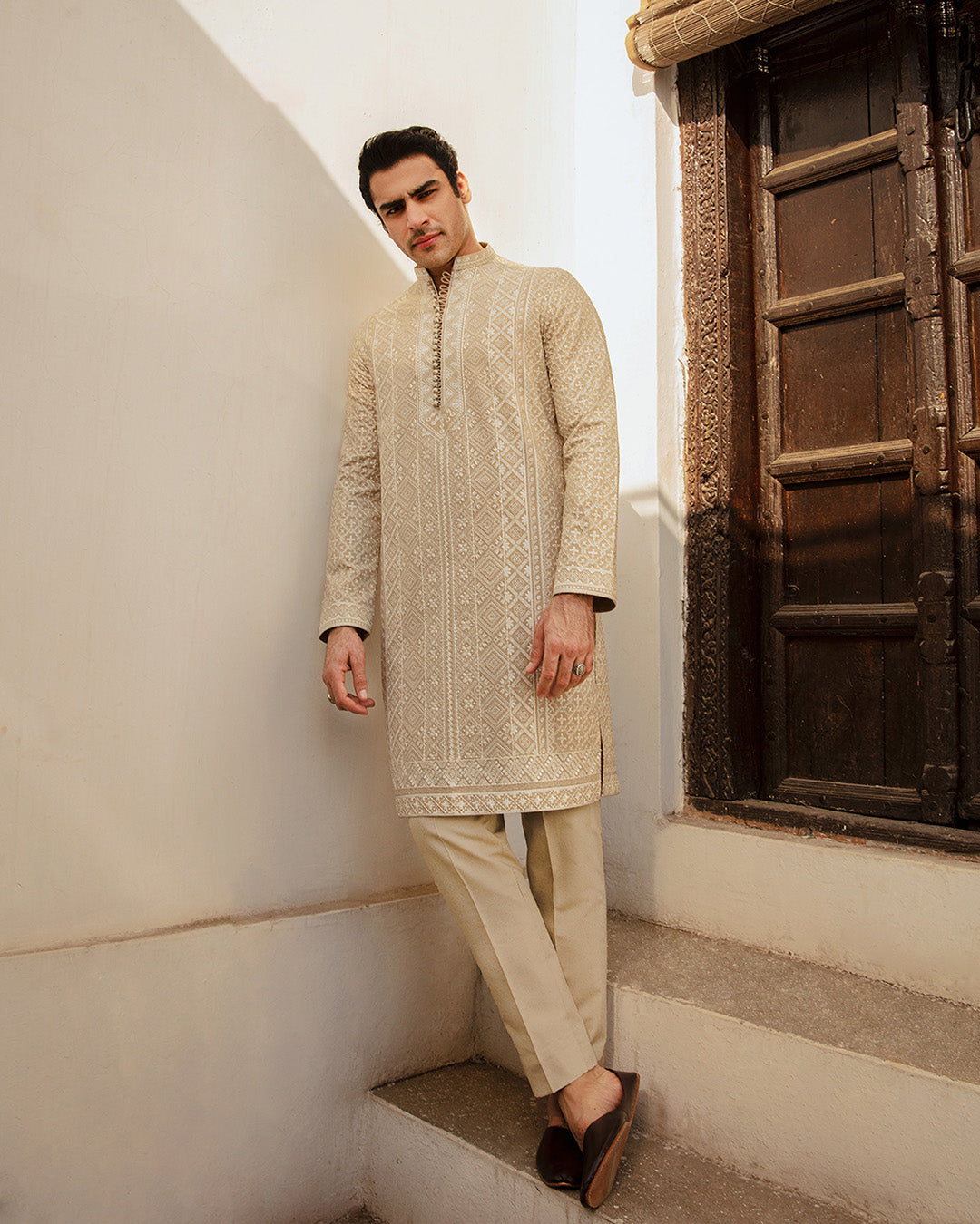 Bisque Embroidered Karandi Kurta Set (2-Piece) - Image 1