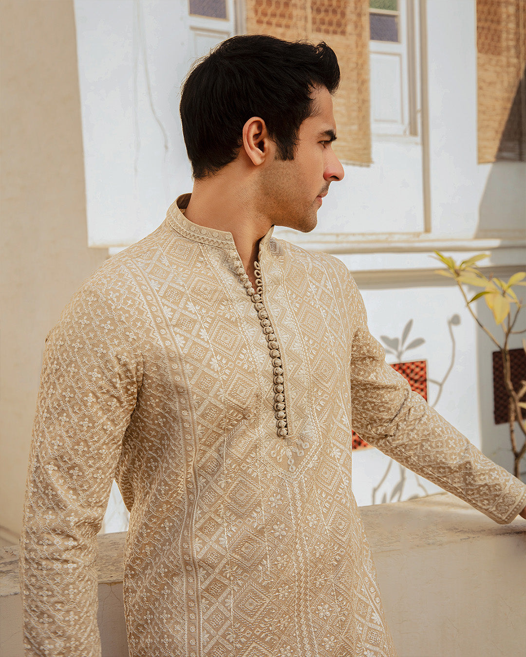 Bisque Embroidered Karandi Kurta Set (2-Piece) - Image 3