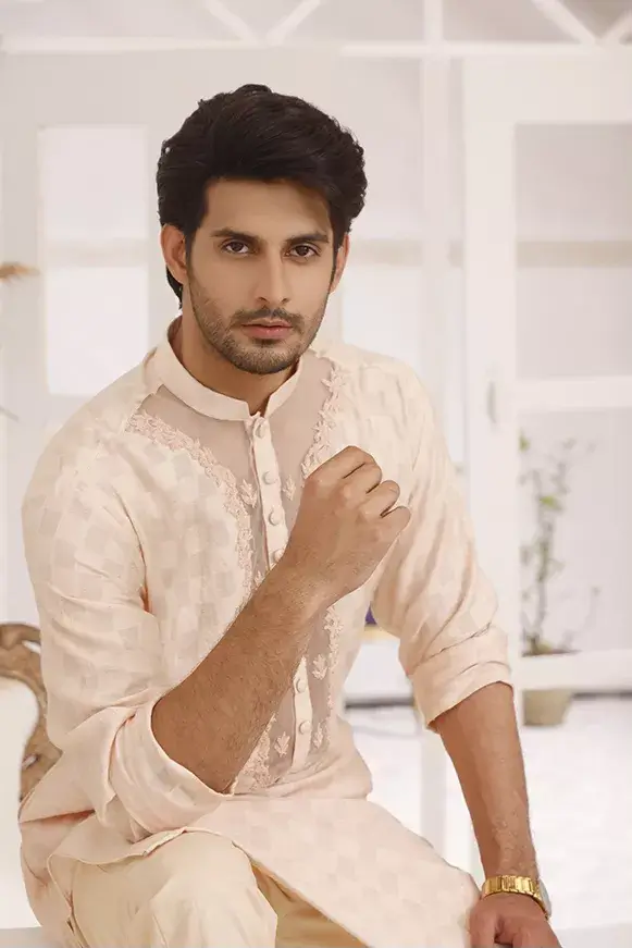 Beige Embroidered Self Cotton Khaddi Kurta (2-Piece) - Image 1