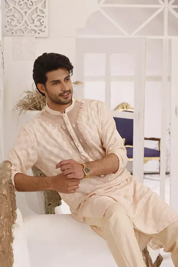 Beige Embroidered Self Cotton Khaddi Kurta (2-Piece) - Image 2