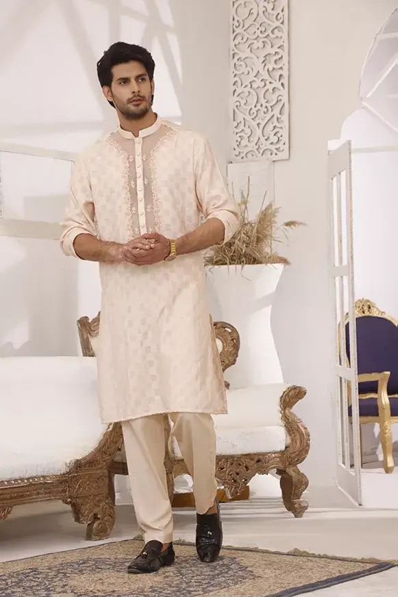 Beige Embroidered Self Cotton Khaddi Kurta (2-Piece) - Image 3