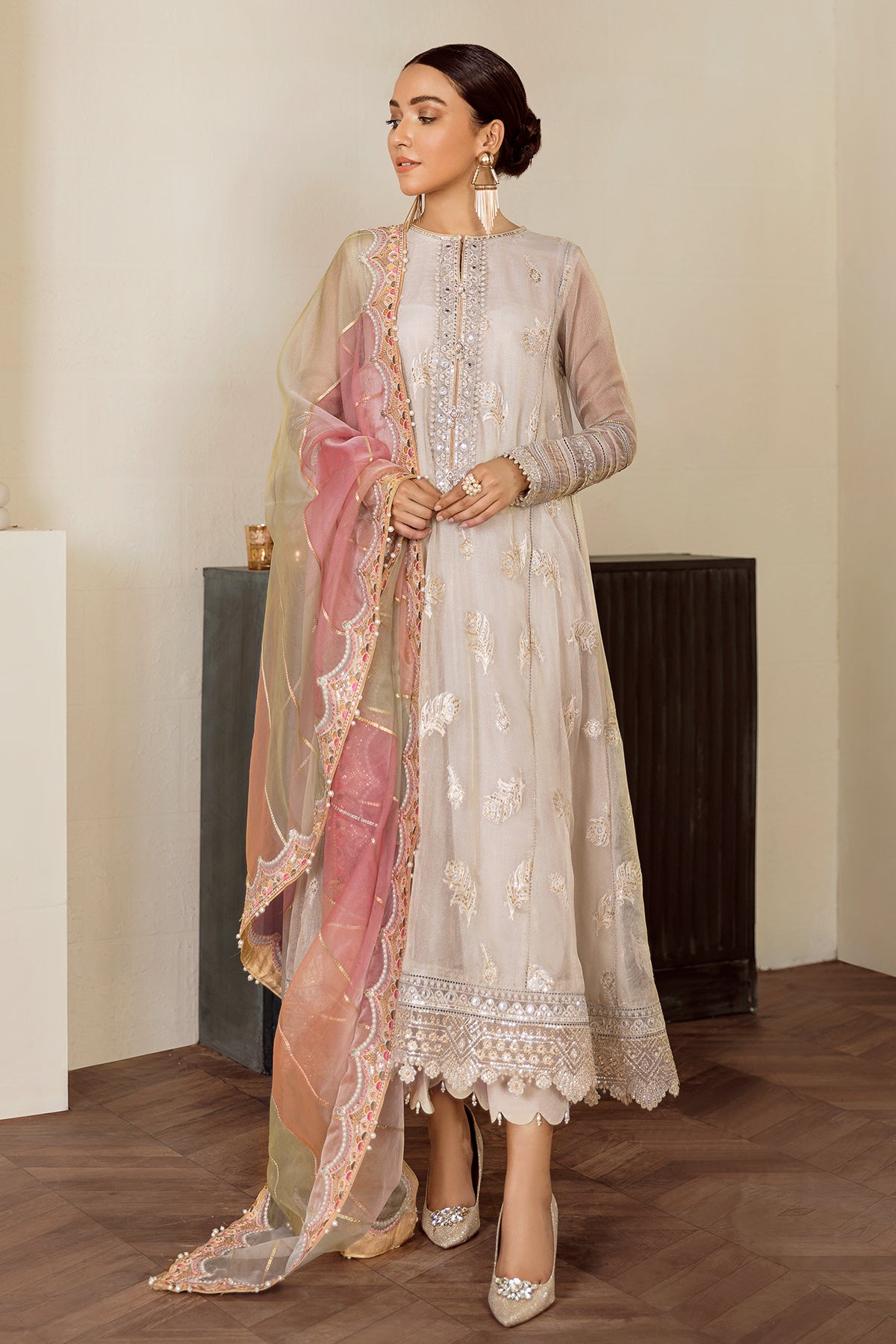 Pakistani Skin Embroidered Masoori Frock (3-Piece) - Image 1