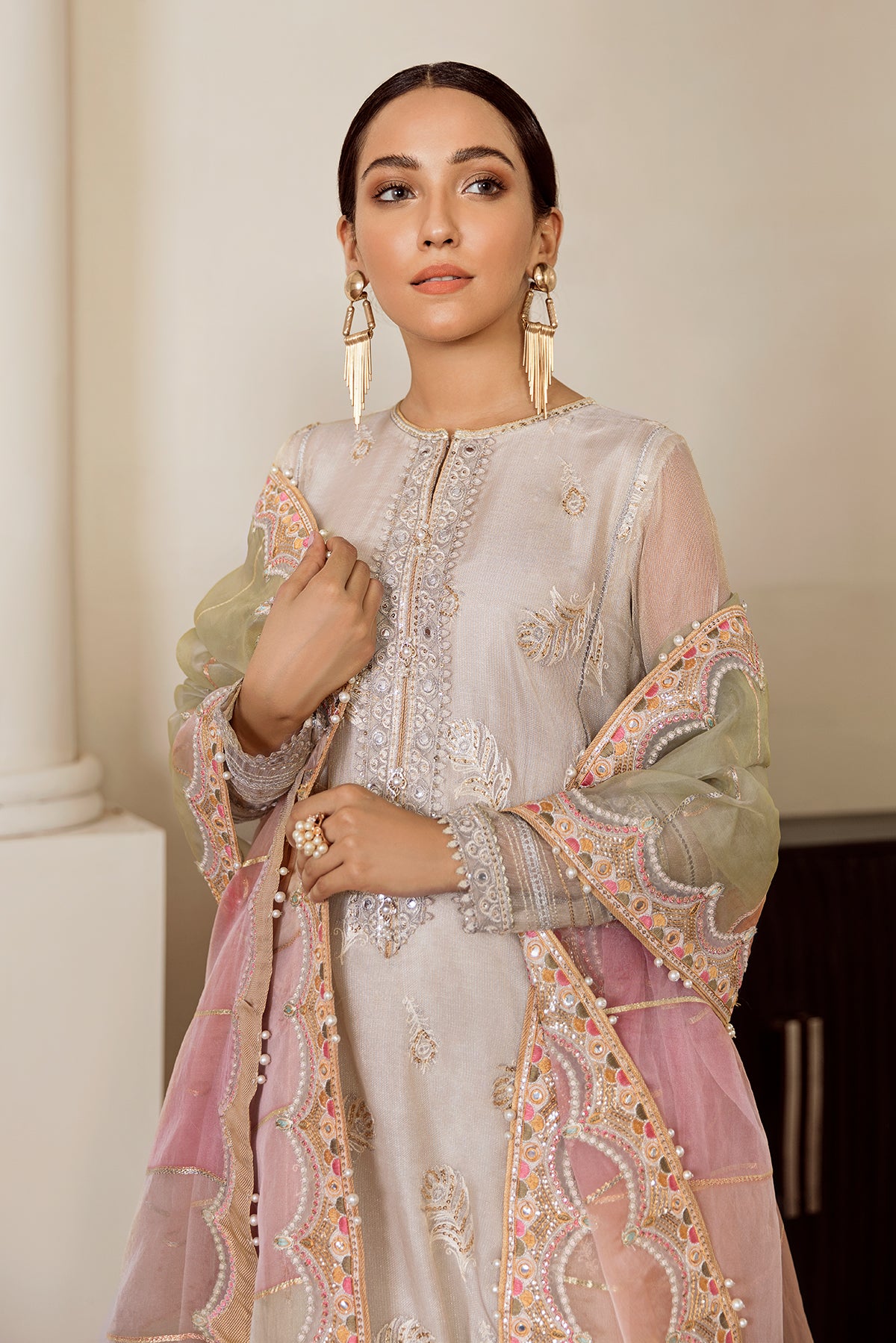 Pakistani Skin Embroidered Masoori Frock (3-Piece) - Image 3