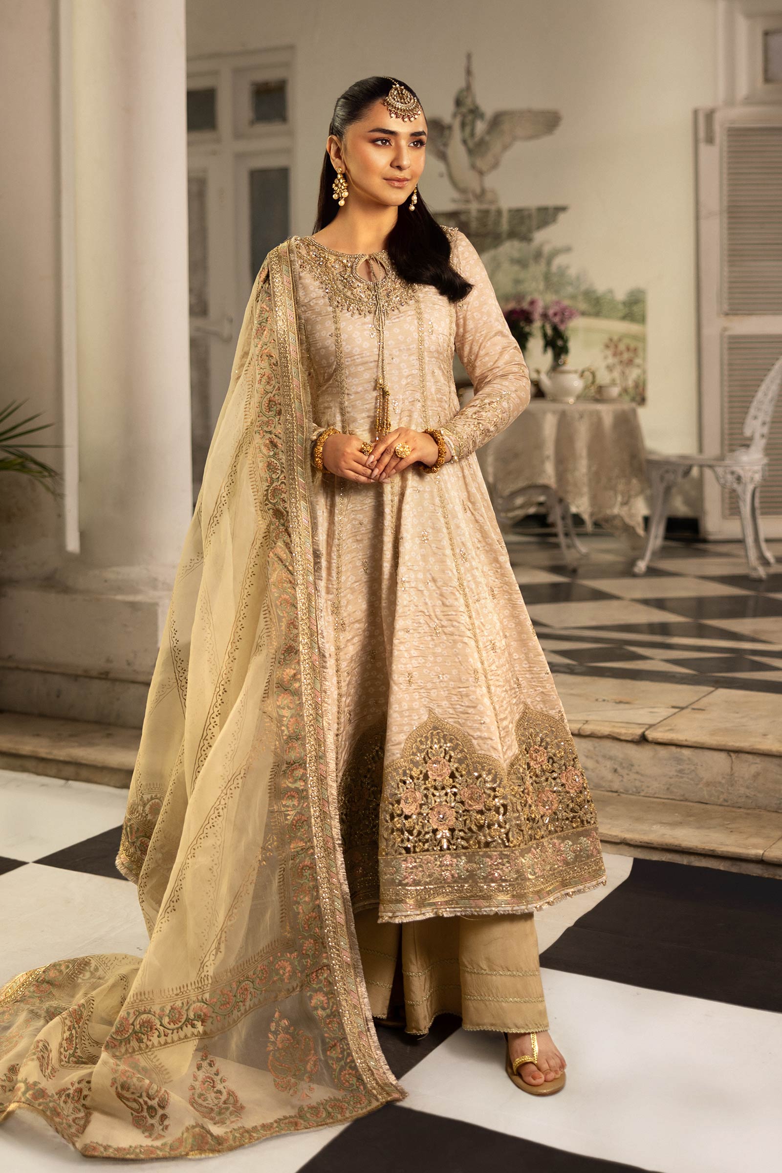Beige Hand-Embellished Raw Silk Frock (3-Piece) - Image 1
